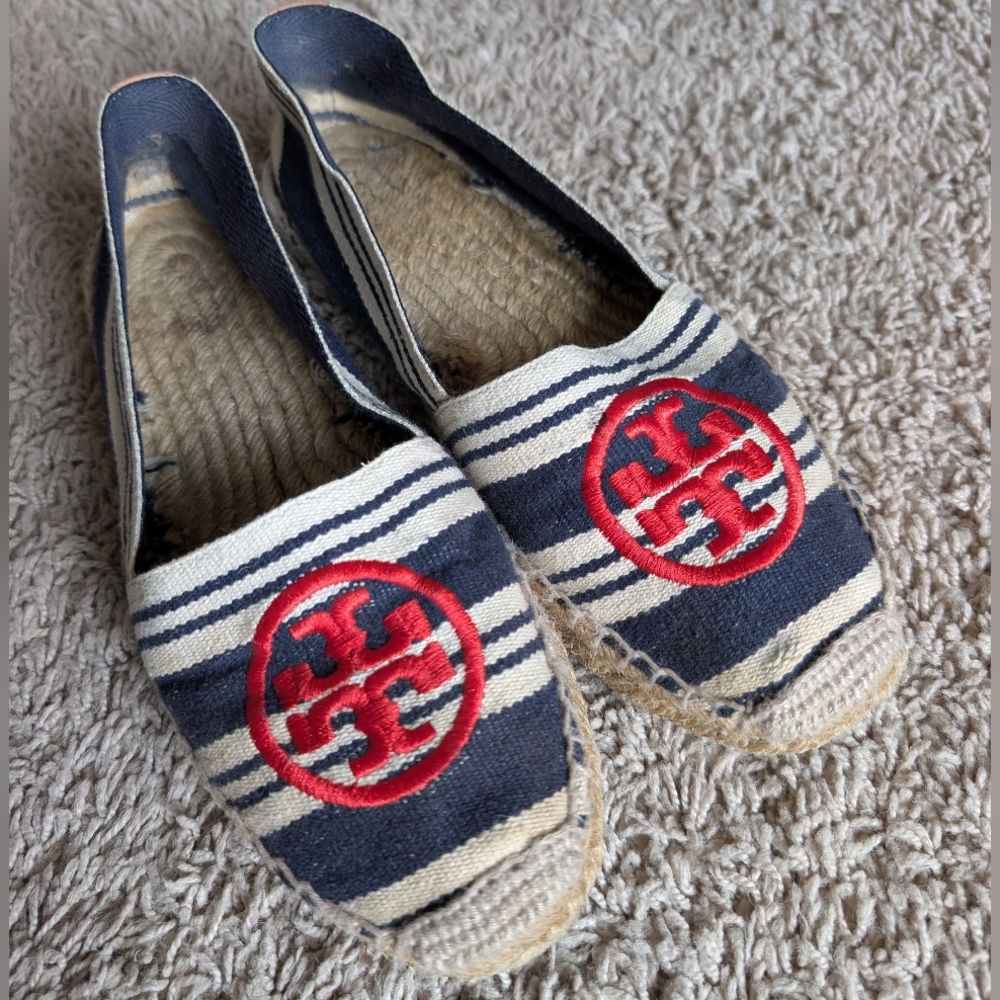 Tory Burch Blue White Striped Canvas Espadrilles Flats Size 7